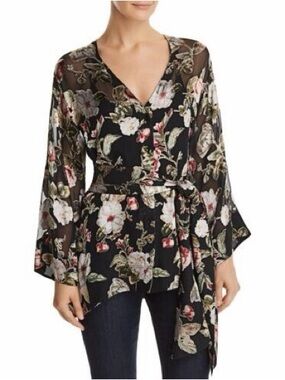 NWT Alice + Olivia Black Floral Semi- Sheer Wrap Blouse